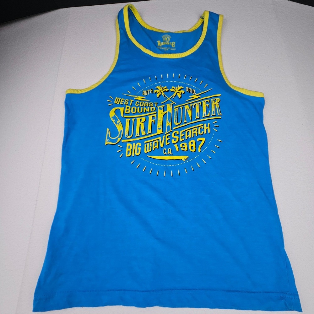 Roebuck &‎ Co Mens Blue Surf Hunter Graphic Tank Top Yellow Trim Size M